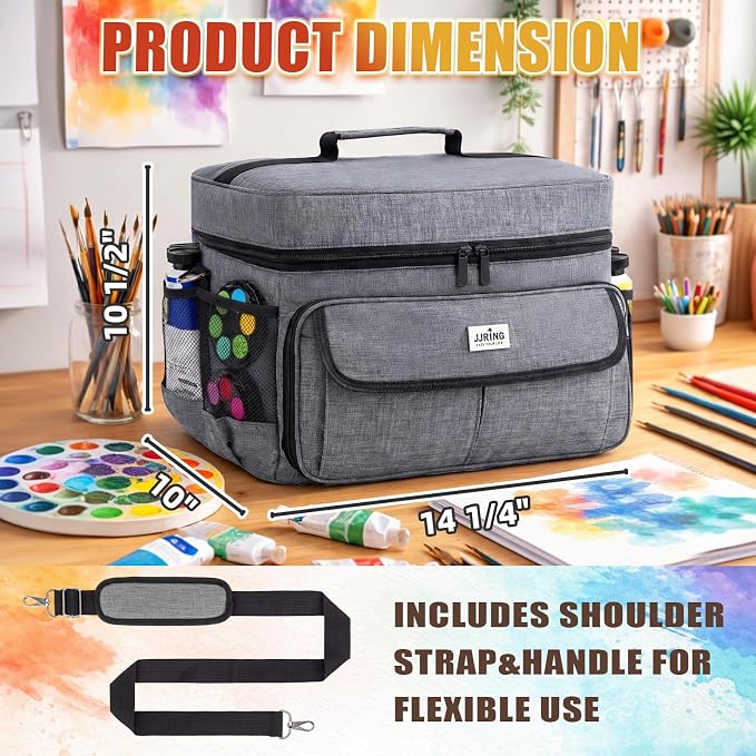 JJRING Acrylic Paint Organizer Bag With Adjustable Dividers, Grey | Versatile Art Supply Storage Case With 12-Slot Brush Holder & Clear Zipper Pocket For Multi-Size Bottles, Travel Tote - Image 2