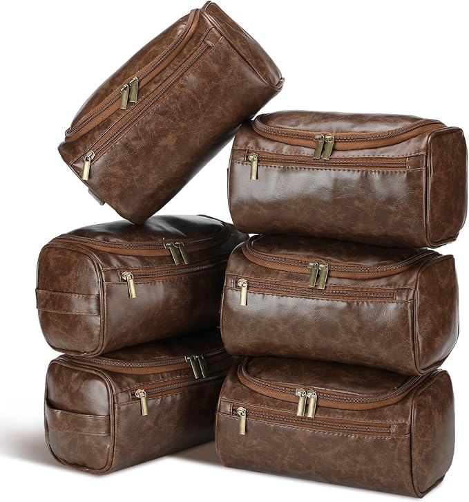 Aliceset 6 Pcs Groomsmen Gift Groomsmen Toiletry Bags Set of 6 Leather Toiletry Bag for Men with Hook Leather Wedding Proposal Bag with Side Handle Father Gift(Dark Brown) by Aliceset