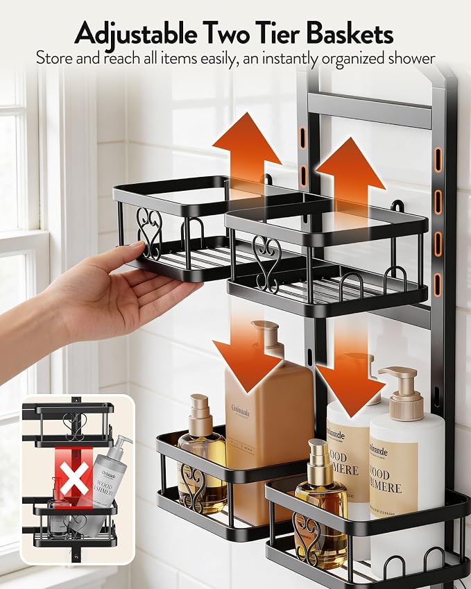 Orimade Adjustable Hanging Shower Caddy for Handheld Shower Heads, Rustproof Bathroom Shelf Organizer Over Showerhead Storage Rack with 8 Hooks, Easy-Clean Removable Baskets & Triple Anti-Slip Fixing - Image 4