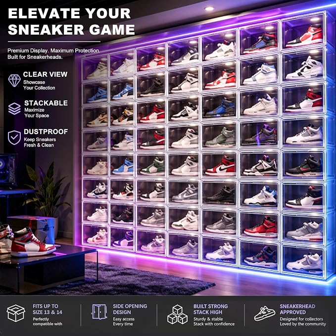 6 Pack Clear Acrylic Shoe Storage Boxes Stackable,Size 14 Large Sneaker Storage Organizer Bins with Magnetic Door,Plastic Shoe Containers for Closet,Fits High Top Sneakers for Men Women up to Size 13 - Image 8