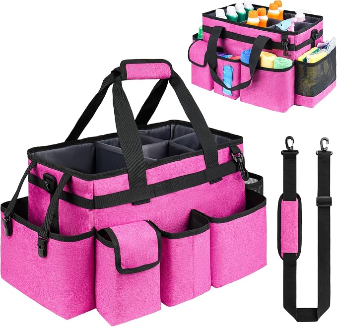 Cleaning Caddy Bag,Large Cleaning Supplies Organizer with Handle for Housekeepers,Rose Red by ZIOZERTT