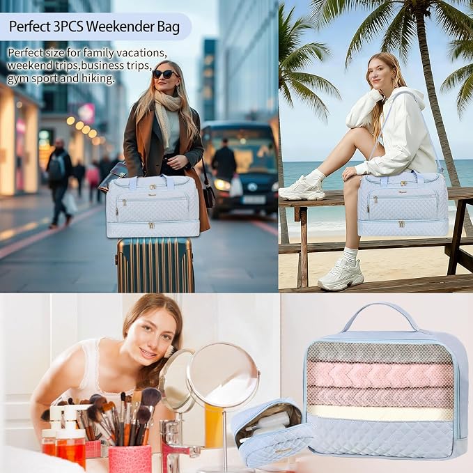 Wogarl 3PCS Weekender Bags for Women Large Overnight Bag Weekend Travel Duffel Bag Carry on Shoulder with Shoe Compartment Canvas Toiletry Bag for Travel Business Gym,Sky Blue - Image 6