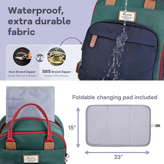 RUVALINO Diaper Bag Backpack-Multifunction Baby Travel Bag with Changing pad, Insulated Bottle Holders & Pacifier Case, Large Capacity, Waterproof, Red-Green-Blue - Image 6