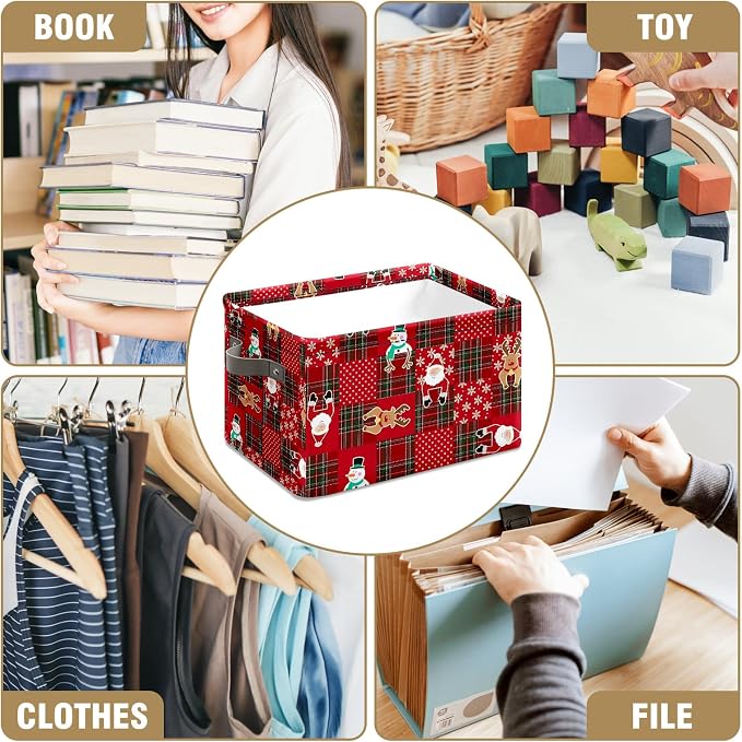 Christmas Baskets,Christmas Red Grid Elk Snowman Foldable Storage Bins with Handles, Decorative Cloth Organizer Storage Boxes 2 2piece - Image 7