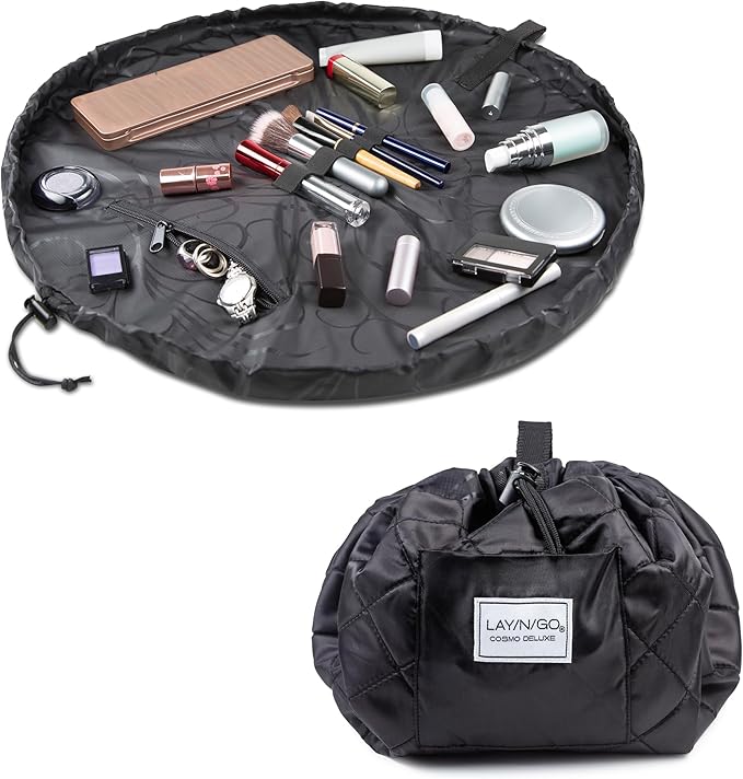 Lay-n-Go Cosmo Layflat Cosmetic & Makeup Bag Organizer - Portable Drawstring Bag w/Zipper Pocket, Brush Storage Loops & More - Durable, Machine Washable Toiletry Bag for Travel (22", Black) by Lay-n-Go