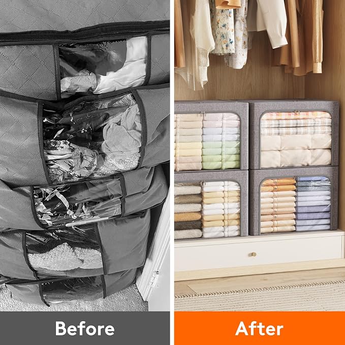 Lifewit Clothes Storage Bins with Metal Frame, Stackable Storage Box, Foldable Clothing Storage Bins with Lids, 100L Storage Bags Fabric Box Organizer with Clear Window＆ Zippers＆ Sturdy Handles 4 Pack - Image 8