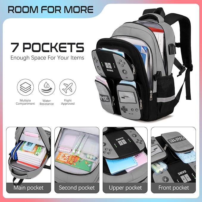 Jafeton Gamer Backpack for Boys, 3PCS Boys Backpack with Lunch Box & Pencil Pouch, Waterproof School Bags for Boy Kids Children Teens, Elementary Middle School, Kids Book Bag Casual Daypack (Gray) - Image 3
