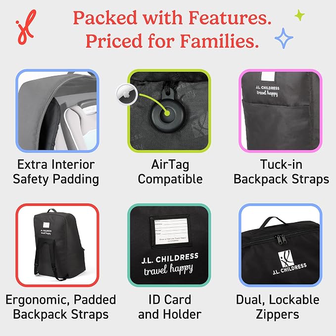 J.L. Childress Padded Backpack Car Seat Bag - Car Seat Travel Bag for Airplane, Fits Most Baby & Infant Carriers & Bootsters, Accessories for Gate or Baggage Check, AirTag Compatible - Deluxe, Black - Image 7