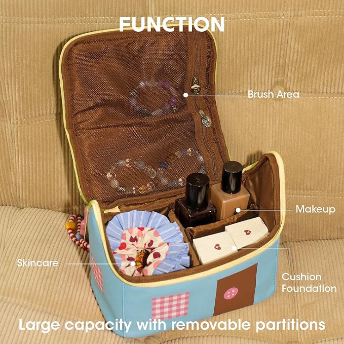 Tagi. Signal House Large Capacity Travel Makeup Bag, Waterproof PVC Cosmetic Bag for Women, Wide-Open Flat Pouch for Brushes & Skincare, Portable Organizer with Handle & Dividers - Image 4