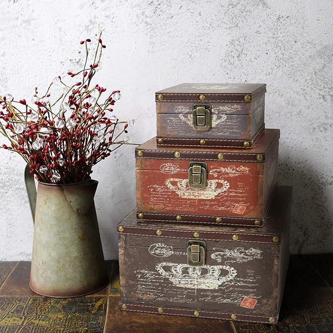Jolitac Wood Storage Box Set of 3, Vintage Decorative Nesting Boxes Wooden Treasure Storage Crates With Latch, Home Decor Rustic Antique Boxes With Lid for Photos, Jewelry, Cash (Crown) - Image 6
