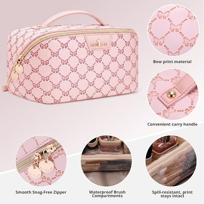 Travel Makeup Bags for Women: 3 Pcs Set Luxury Bow Print Make up Bag - Large Capacity Cute Cosmetic Case - 3–15 Day Travel Toiletry Organizer Bag, Comes with An Gift Box(Jewel pink) - Image 3