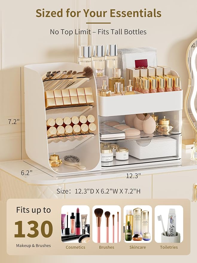 Booklov Makeup Organizer for Vanity, Countertop Cosmetic Display Case with Clear Acrylic Drawers, Bathroom Counter Beauty Caddy, Cute Table Storage Holder for Skincare, Brush Lipsticks, Crystal White - Image 2