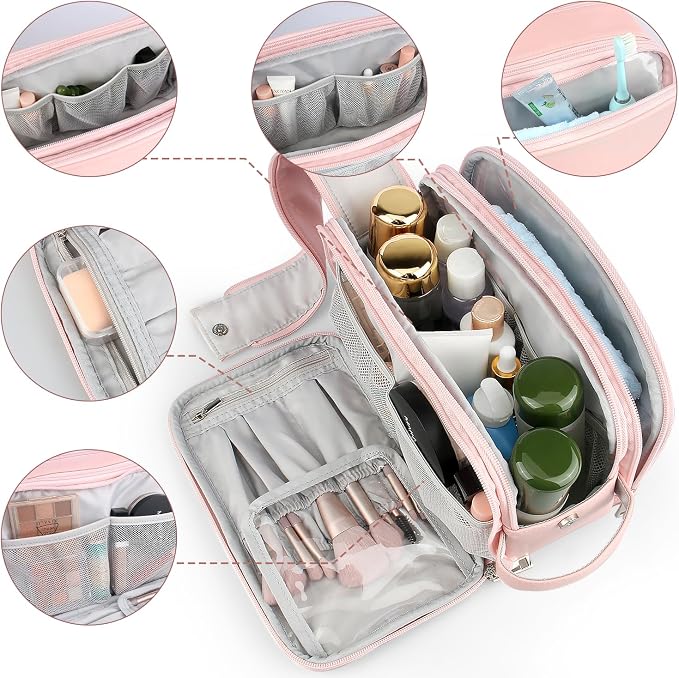 Toiletry Bag for Women, Makeup Travel Bag Organizer, Large Bathroom Cosmetic bag, Traveling Dopp Kit Accessories Shower Bag, Pink - Image 3