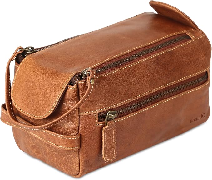 KomalC Premium Buffalo Leather Toiletry Bag for Men & Women With Water resistant Lining, Grooming Travel Pouch, Unisex Wash Bag for Toiletries, Gifts for Men and Women - Image 9
