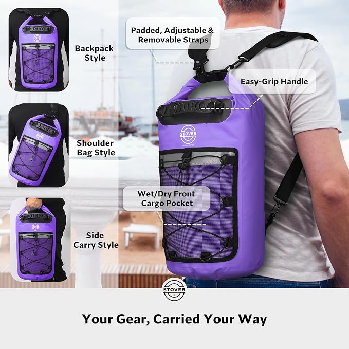 STOVER 5/10/25/30/40L Waterproof Dry Bag & Phone Case - Large Floating Dry Backpack for Kayaking, Travel, Hiking, Fishing, Camping, Motorcycles & Beach, Heavy-Duty Roll Top Men/Women (Purple) - Image 3