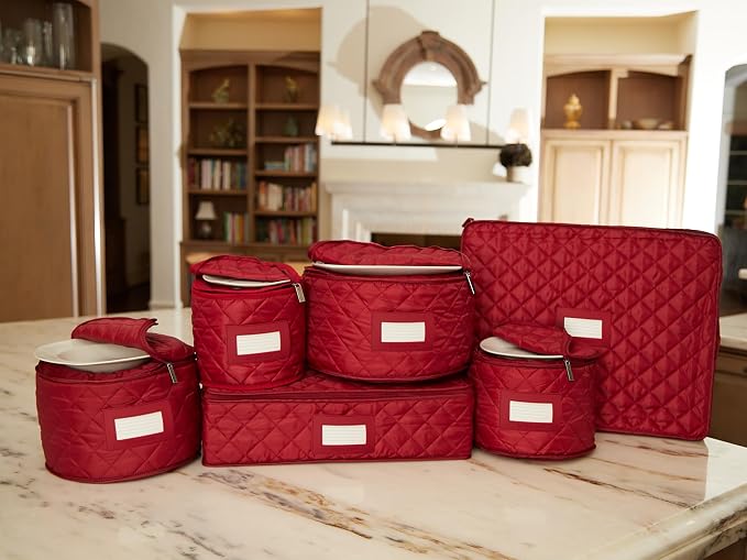 Covermates Keepsakes Dish Storage Set – Padded China & Dinnerware Storage Cases with Dividers, Cup & Stemware Storage, Quilted Polyester Protection, ID Window, Red - Image 7