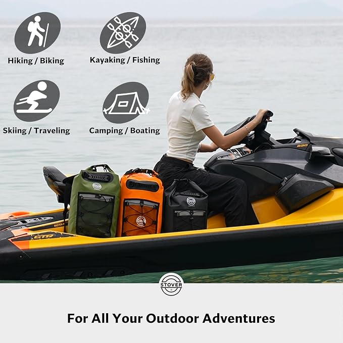 STOVER 5/10/25/30/40L Waterproof Dry Backpack & Phone Case- Large Floating Dry Bag for Kayaking, Travel, Hiking, Fishing, Camping, Motorcycles & Beach, Heavy-Duty Roll Top Men/Women (Orange) - Image 6