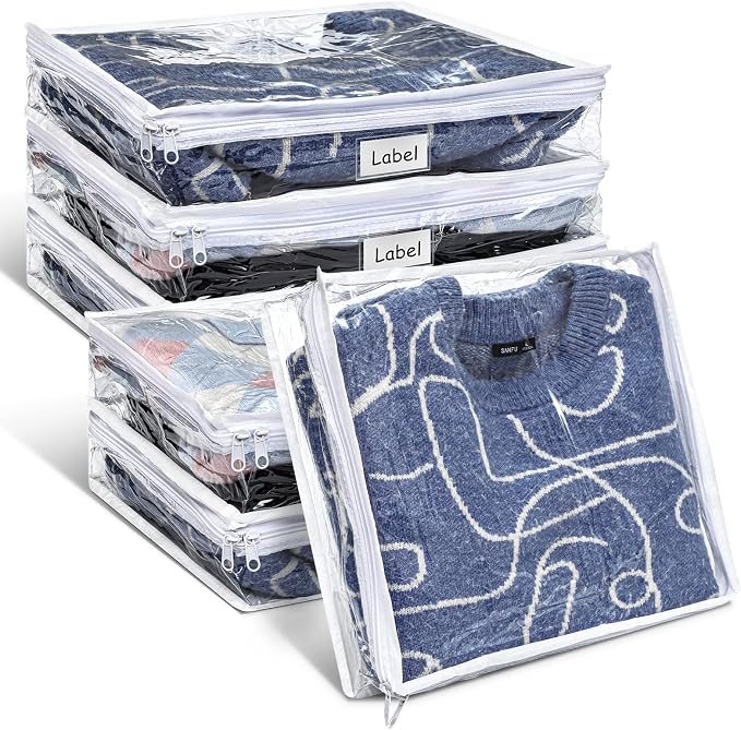 Hoolerry 6pcs Clear Zippered Storage Bag Plastic Individual Sweater Storage Bag with Zipper Label Closet Clothing Organizer for Blanket Clothes Bed Sheet Comforter Quilt Pillow(14.2 x 12 x 3.2 Inch) by Hoolerry