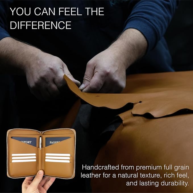 Full Grain Leather Passport Holder for 2 Passports - Dual Passport Holder and Travel Documents Organizer - RFID Travel Wallet for Couples - Camel - Image 5