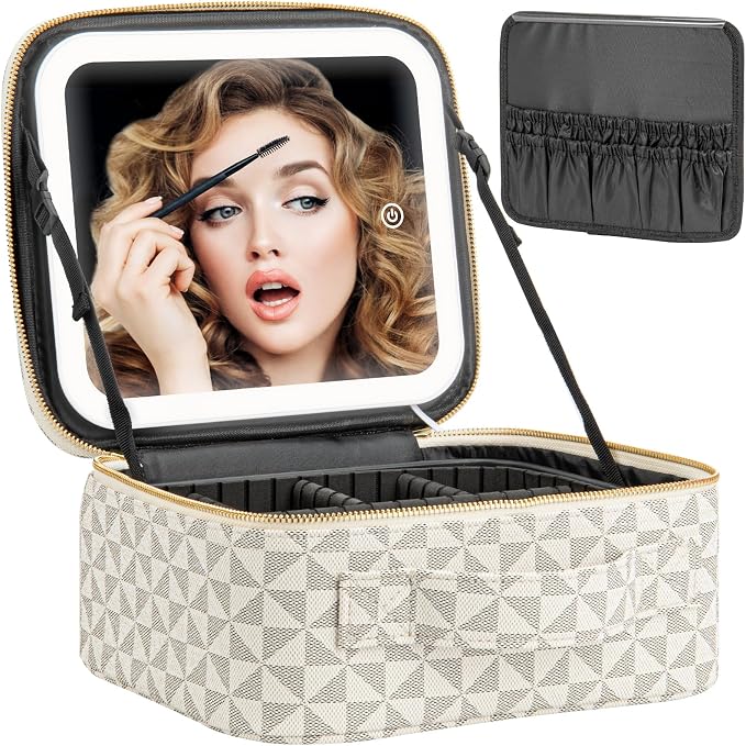 Extrei Gent Makeup Travel Train Case with Mirror LED Light 3 Adjustable Brightness Large Cosmetic Bag Portable Storage Adjustable Partition Waterproof Makeup Brushes Make up Jewelry Gift for Women by Extrei+Gent