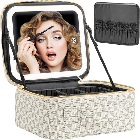 Extrei Gent Makeup Travel Train Case with Mirror LED Light 3 Adjustable Brightness Large Cosmetic Bag Portable Storage Adjustable Partition Waterproof Makeup Brushes Make up Jewelry Gift for Women by Extrei+Gent