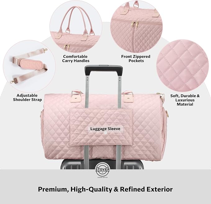 STOVER Women’s Convertible Garment Duffel Bag for Travel – 2-in-1 Carry-On Weekender/Overnight Tote - Wrinkle-Free Dresses, Suits & Clothes + Shoe Compartment & Bonus Toiletry Bag (Blush Pink) - Image 4