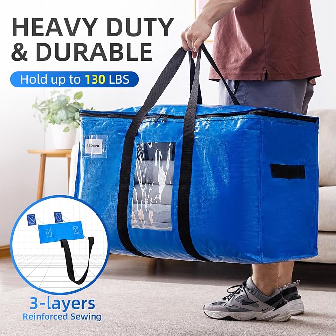 TAILI Extra Large Moving Bags, 2 Pack Blue Heavy Duty Totes For Storage with Visible Window, Wrap Around Handles, Storage Bags for Space Saving, Alternative to Moving Boxes - Image 6