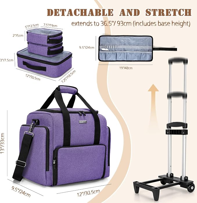 BAFASO Rolling Makeup Case with 3 Removable Pouches, Purple | with 1 Makeup Brush Bag, Professional Makeup Train Case Cosmetic Bag with Detachable Dolly (Patented). - Image 5