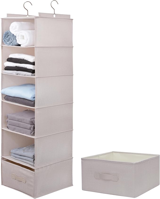 Large Hanging Sweater Organizer for Closet,Collapsible 6-Shelf Hanging Closet Shelves with Drawers, Washable (Beige -6 Shelf-1 d) by Unknown