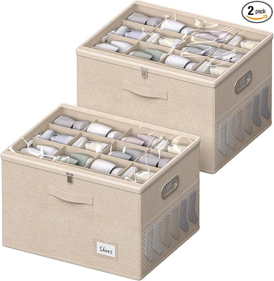 2 Pack Shoe Organizer for Closet Large Shoe Box Storage Containers with Clear Window Space Saving Shoe Bin with Foldable Bottom Support Adjustable Dividers Fits 32 Pairs (Beige, (19.7x15.7x13inch)x2) by FHSQX