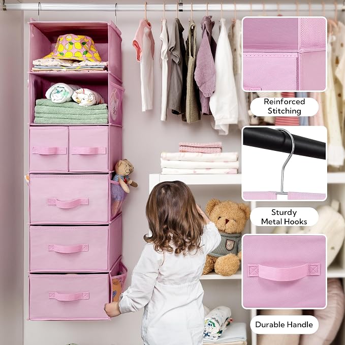 GRANNY SAYS Hanging Closet Organizers and Storage, 6 Shelves Closet Hanging Organizer with 6 Side Pockets, 5 Drawer Storage Organizer, Portable Hanging Shelves for Baby Closet, Pink Shelf - Image 5
