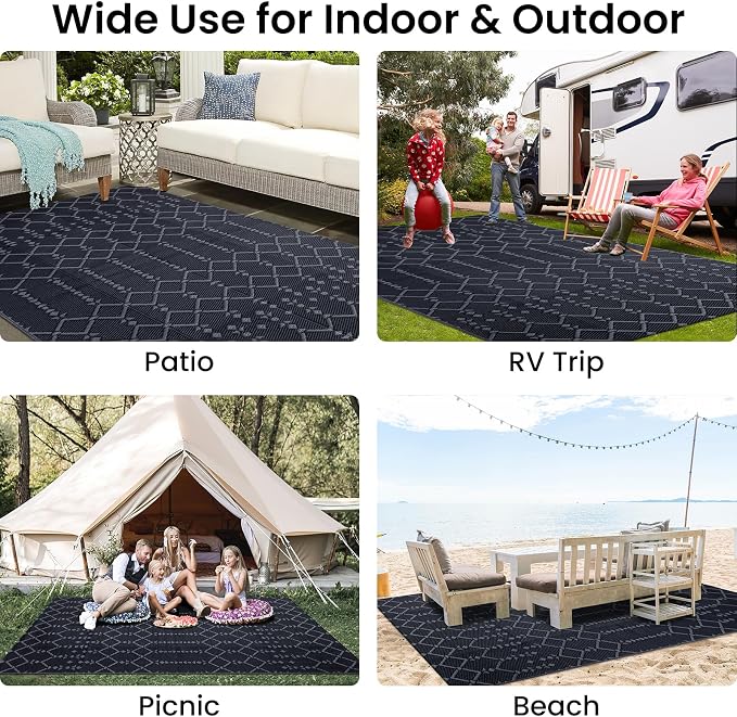 Smiry Outdoor Rug 5x8 ft, Waterproof Reversible Plastic Straw Rugs, Boho Outdoor Area Rug, Outside Floor Mat for Patio, Backyard, Deck, Picnic, Beach, Camping, Dark Grey - Image 7