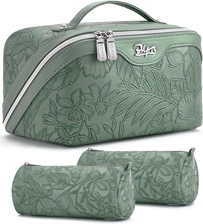 BOYATU Travel Makeup Bags Cosmetic Organizer Bag: 3-Set Large Capacity Make up Bag - PU Leather Toiletry Bags for Women - Wide Open Portable Pouch with Divider & Handle (03-Green-2) by BOYATU