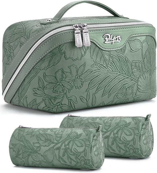 BOYATU Travel Makeup Bags Cosmetic Organizer Bag: 3-Set Large Capacity Make up Bag - PU Leather Toiletry Bags for Women - Wide Open Portable Pouch with Divider & Handle (03-Green-2) by BOYATU