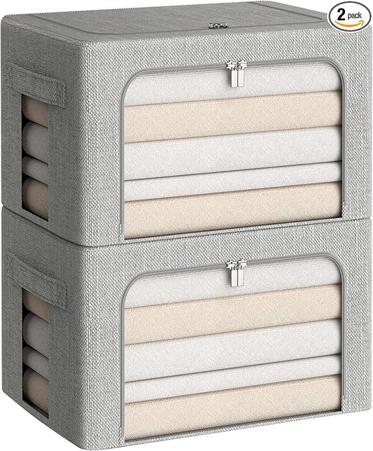 CYhom Clothes Storage Bins Box - Linen Fabric Foldable Stackable Container Organizer Set with Clear Window & Carry Handles & Metal Frame (Light Grey, Medium-36L) by CYhom