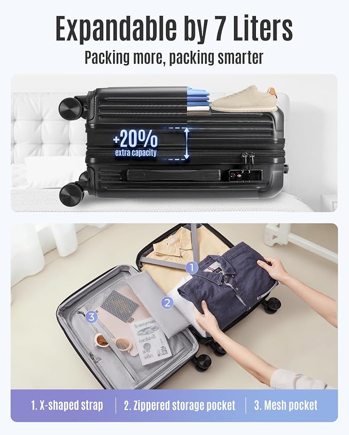 LIGHT FLIGHT Carry On Luggage 22x14x9 Airline Approved, Black | 22x14x9 Airline Approved, Hard Shell with Wheels, Expandable Hardside, TSA Lock, Lightweight - Image 7