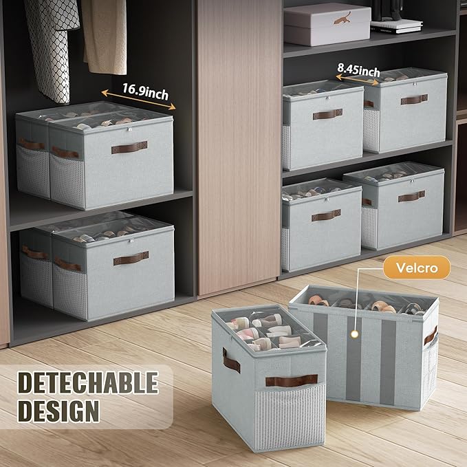 2 Pack Shoe Organizer for Closet, Foldable Shoe Storage with Adjustable | Farbic shoe storage organizer box bin with clear cover, fits up to 16 pairs, shoe storage box for closet, entryway, gray - Image 5