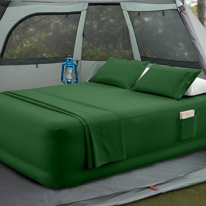 Mocassi 4-Piece Extra Deep Pocket 16-24 Inch Air Mattress Bed Sheet Set- 4PC Sheet Set with Smart Pockets Ideal for Air Beds, RVs, Camping and Guest Rooms Premium Hotel Quality, King, Hunter Green by MocassiLuxuryBedding