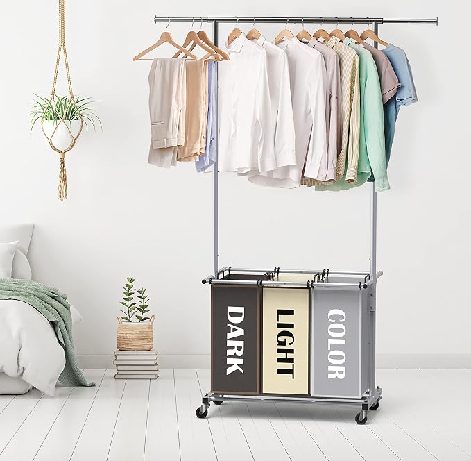 Simple Houseware 3 Bags Laundry Sorter Cart with Hanging Rod, Multi Color | Extendable Width from 30.6 to 48", Removable 3-Section Laundry Basket - Image 2