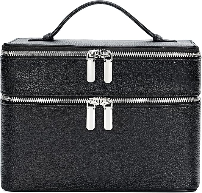 BAGOK Double Layer Makeup Vanity Case, Large Capacity Cosmetic Bag with Removable Divider & Brush Organizer, Travel Toiletry Bag for Women, Portable PU Leather Organizer with Handle by BAGOK