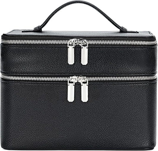 BAGOK Double Layer Makeup Vanity Case, Large Capacity Cosmetic Bag with Removable Divider & Brush Organizer, Travel Toiletry Bag for Women, Portable PU Leather Organizer with Handle by BAGOK