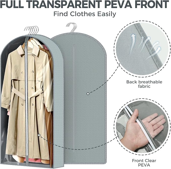 6 Pcs 60" Garment Bags for Hanging Clothes, Clear Suit Bags for Closet Storage Clothing Storage, Garment Bags Shoulder Covers with 4" Gussets for Coats, Jackets, Shirts and Sweater - Image 3