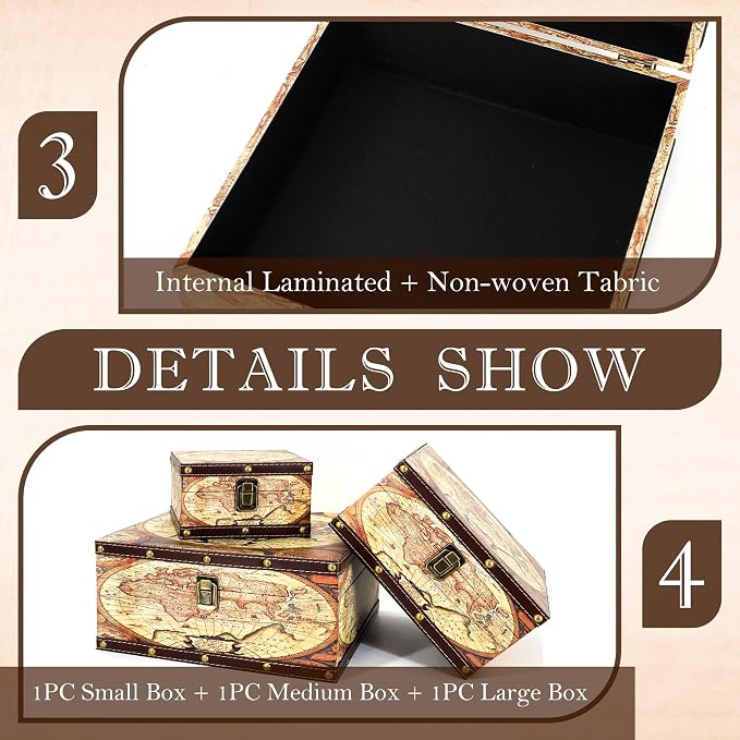Jolitac Wooden Storage Box Set of 3, Antique-Looking Storage Containers with Secret Compartments Vintage Nesting Keepsake Chests for Jewelry, Cash, Photos Travel-Friendly & Stackable (Map) - Image 3