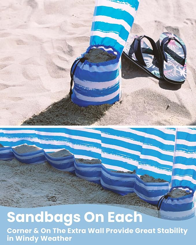 Qipi Beach Cabanas for Sand, Beach Canopy with Sandbags & Side Wall for Family, Easy Set Up Sun Shelter, UPF 50+ UV Protection with Roof Vent - Image 5