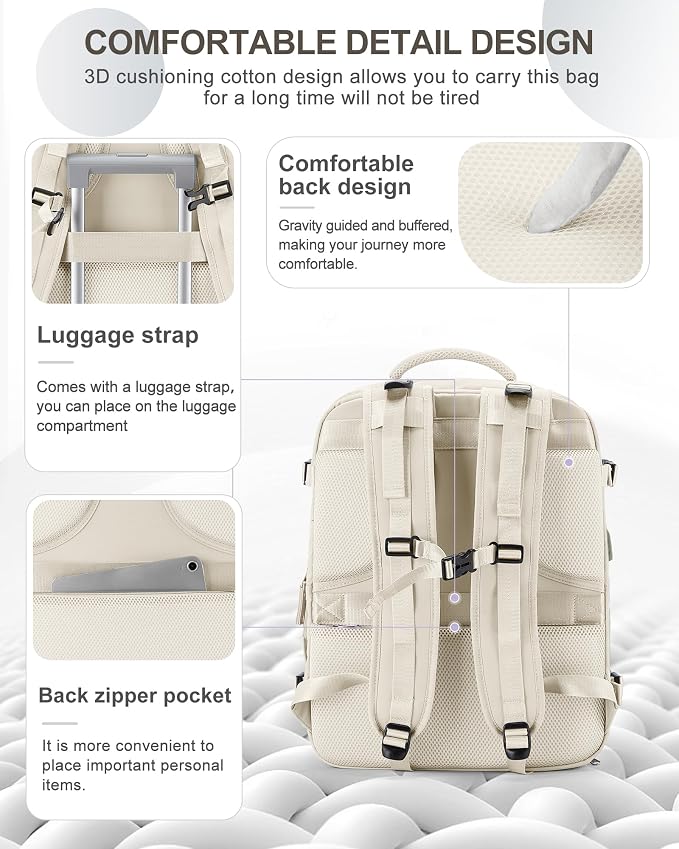 coowoz Large Travel Backpack Carry On for Women Man Gym Backpacks with Laptop Compartment Mochila de Viaje Teacher Personal Item Backpack Rucksack Airplane Accessories Must Haves Beige - Image 3