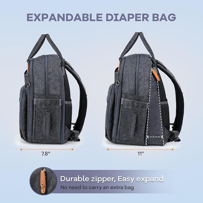 RUVALINO Diaper Bag Backpack-Expandable Baby Bag with up to 50% Capacity -Baby Essentials Bag with Changing Pad Insulated Bottle Holders & Pacifier Case, Waterproof, Dark Gray XL - Image 2