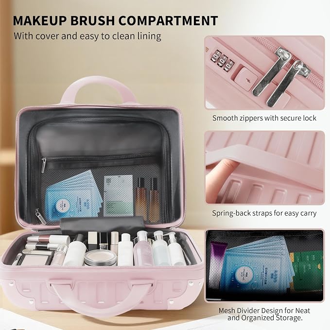 14 Inch Portable Waterproof Hard Shell Travel Makeup Case (Pink) | with Lock, ABS Scratch-Proof, Carrying Cosmetic Organizer Case with Elastic Band, Mini Suitcase Vanity Case for Women Girl - Image 4
