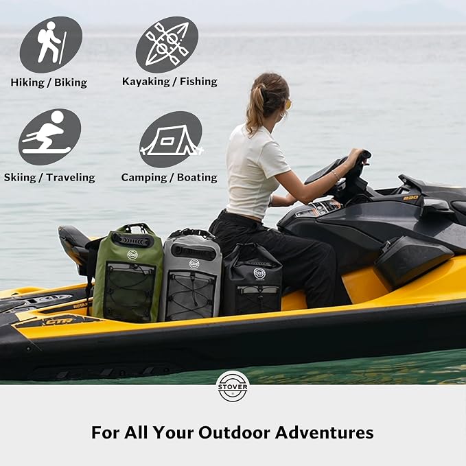 STOVER 5/10/25/30/40L Waterproof Dry Backpack & Phone Case- Large Floating Dry Bag for Kayaking, Travel, Hiking, Fishing, Camping, Motorcycles & Beach, Heavy-Duty Roll Top Men/Women (Green) - Image 6