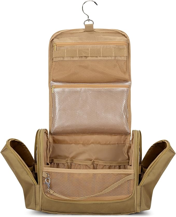 Tactical Toiletry Travel Bag for Men, Hanging Dopp Kit Hygiene Bag Shower Organizer with Hook for Toiletries and Shaving Care, Khaki (Empty Bag) by Prokva