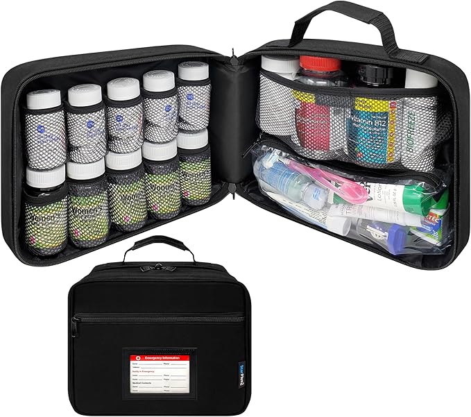 Large Pill Bottle Organizer & Medicine Bag, Emergency Card, Black | Prescription bottle organizer with emergency card, 10 pockets and padded storage for medications, supplements, vitamins by StarPlus2